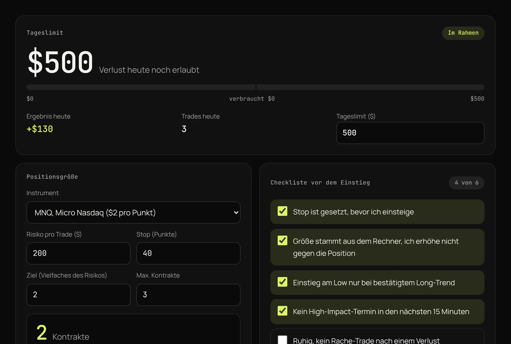 Screenshot des Risiko-Cockpits mit Tageslimit, Positionsgrößen-Rechner und Checkliste