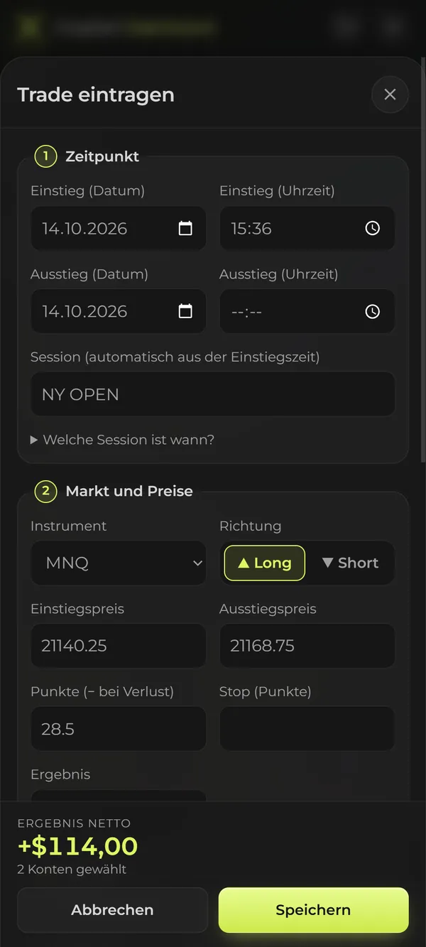 Trade am Smartphone eintragen