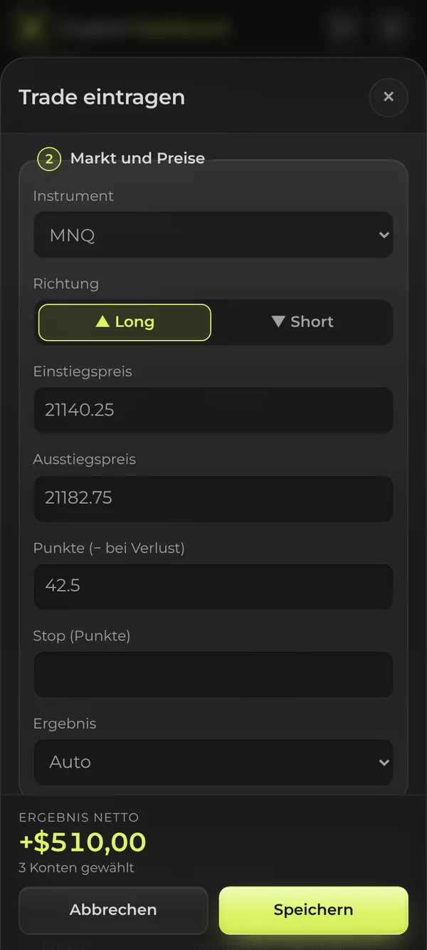 Trade am Smartphone eintragen